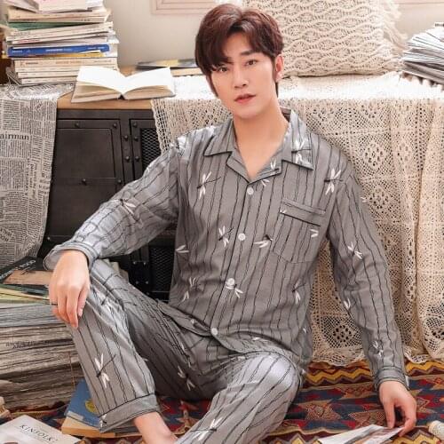 Mens Pajama Sets autumn winter Man Pajamas Set Simple Sleepwear long Sleeve Cotton Pajamas For Men Top Pant Leisure Outwear