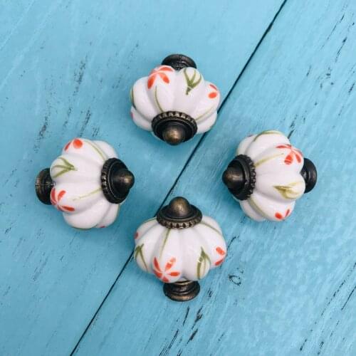 1.34" Pure Ceramic Drawer Pull Dresser Knobs Solid Pumpkin with Painted Floral Wardrobe Cabinet Door Pulls Handle Knob Hardware