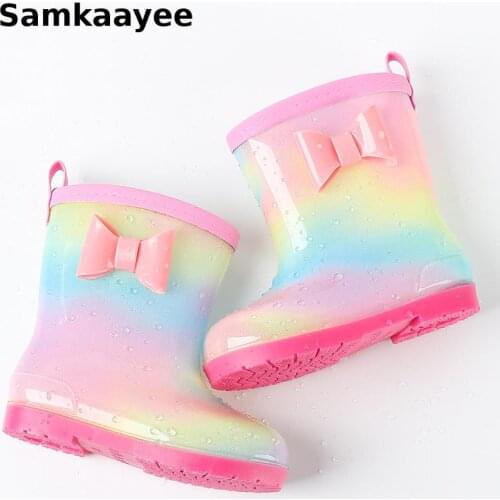 3-18y Children Rain Boots Kids Shoes Girls PVC Rubber Boots Water Shoes Rainbow Bow Waterproof Soft Bottom Non-Slip Rainboots 24
