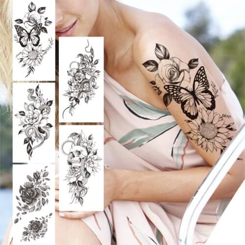 Butterfly Sunflower Rose Temporary Tattoo For Adult Women Girls Fake Skull Peony Flower Tattoos Sticker Black Snake Tatoos Paste