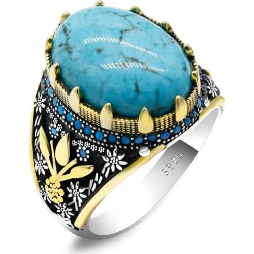 Vintage Boho Natural Turquoise Stone Ring Fashion 925 Sterling Silver Antique Big Oval Carved Flower Rings AAA Stone Party Gifts