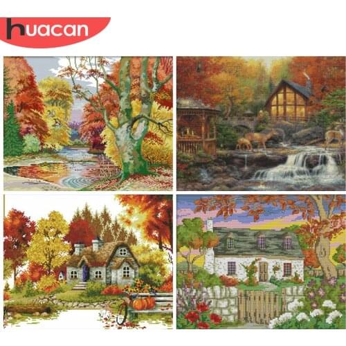 HUACAN Cross Stitch House Sets Kits Home Decoration White Canvas Embroidery Scenery Needlework 11CT 14CT DIY Gift