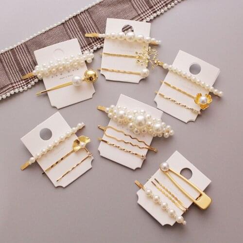 1set Korea Chic Metal Hairpins Imitiation Pearl Flower Hollow Geometric Hair Clips Women Hair Jewelry Accessories Gifts