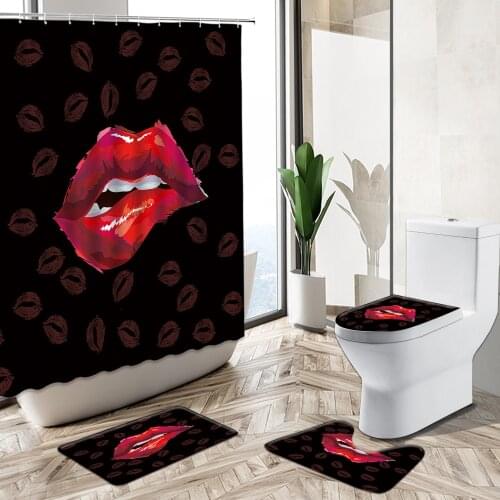 Sexy Woman Red Lip Pattern Shower Curtain 3D Love Rose Flower Girl Home Decor Bath Mat Toilet Lid Cover Flannel Bathroom Carpet