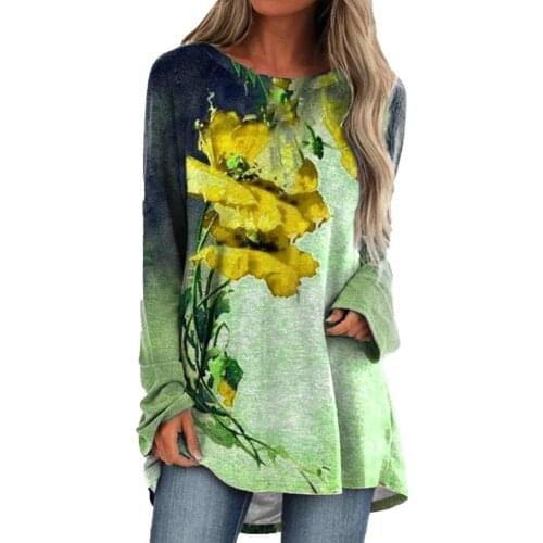 Autumn Blouse Flower Print Loose Women Long Sleeve Round Neck Pullover Streetwear Blouse