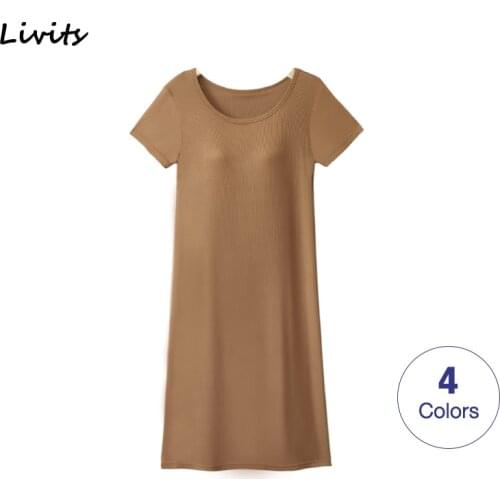Women Dresses Built-in Bra Padded Stretchable Modal Midi Dress Short Sleeve Sexy Casual Korean SA1008
