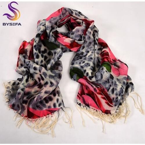 [BYSIFA] Ladies Winter Scarves Sexy Leopard Print Roses Scarf Shawl With Tassel 100% Wool Long Scarves Thicken Foulard 182*67cm