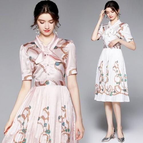 2021 New Women Summer Elegant Print Dress Festa High Quality Pleated Office Party Robe Femme Vintage Lace Designer Pink Vestidos