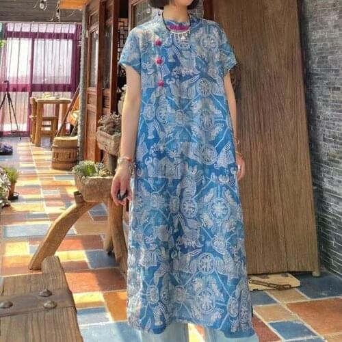 Johnature Ramie Women Vintage Print Thin Dresses O-Neck Short Sleeve 2021 Summer New Loose Retro Chinese Style Dresses
