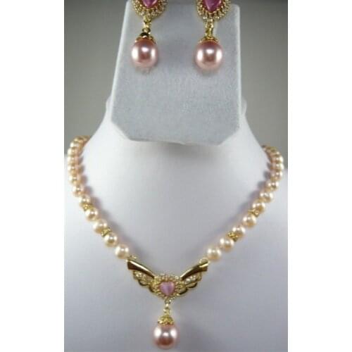 2 colors!fancy white/pink pearl necklace shell pendant earring set