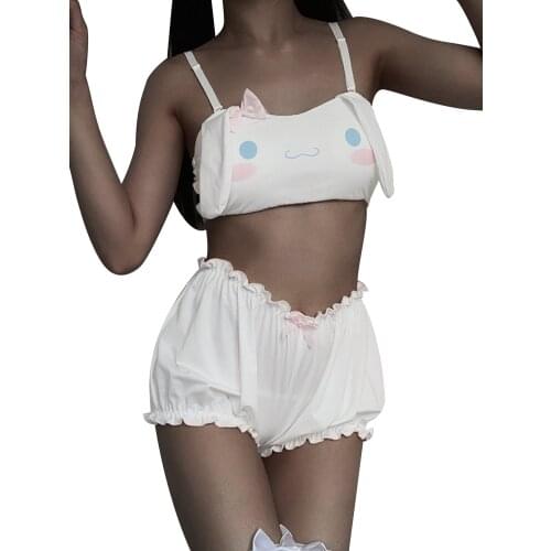 2 Pcs Women Kawaii Pajamas, Adults Cute Spaghetti Strap Dog/Bunny Crop Top + Shorts