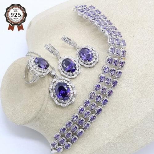 Purple Silver Color Natural Jewelry Set for Women Bracelet Earrings Necklace Pendant Ring Gift Box