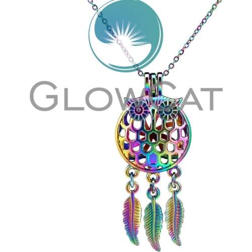 CC737 Rainbow Colors Owl Dreamcatcher Beads Cage Pendant Essential Oil Diffuser Pearl Cage Locket Necklace