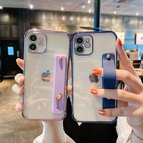 6D Plating Hand Strap Holder Phone Case For iPhone 12 Pro Max X XR XS Max 8 7 Soft Silicone Wrist Strap Shockproof Clear Covers