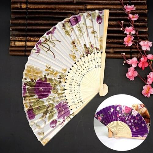Flower Folding Fan Chinese Style Dance Hand Held Fans Chinesecolor Flower Pattern Fans cloth Fabrics Party Decoration