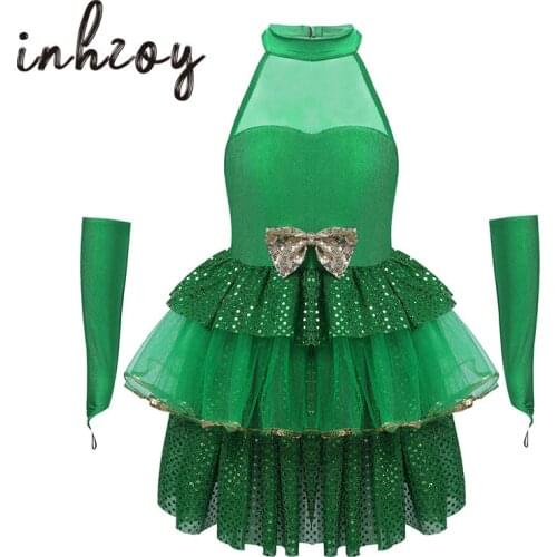 Kids Girls Green Shiny Sequins Halter Sleeveless Ballet Leotard Mesh Tutu Dress Christmas Elf Outfit Modern Jazz Dance Costume