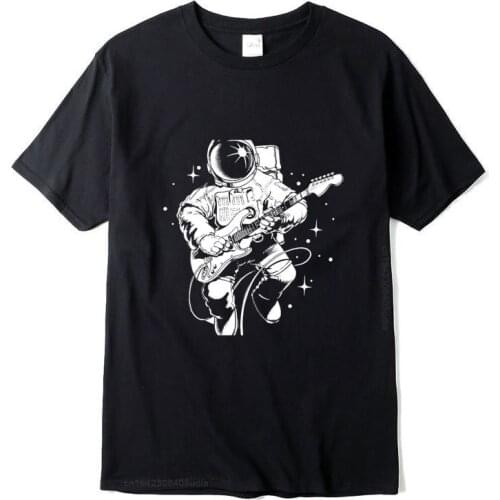 Mens Casual High Quality Cotton Short Sleeve T-Shirt Funny Astronaut Plays Guitar Print Mentshirt O-Neck T-Shirt Men
