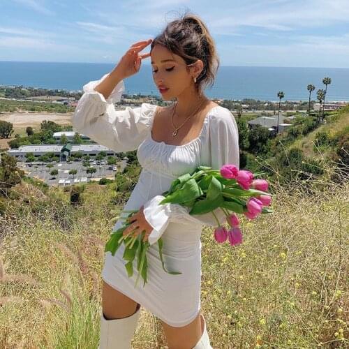 Missnight Cottagecore Summer White Dress Vintage Lantern Sleeve Square Neck Slim Bandage Dresses Ruched Party Vestidos Casual