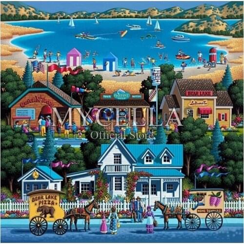 Bear Lake 5D Diy Diamond Painting Beach Cartoon Art Diamond Embroidery Full Kit Needlework Rhinestone Mosaic Picture Home Decor