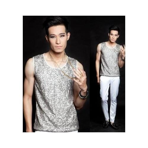 Singer stage Silver sequins mens vest men pullover 2020 brand roupas masculinas sexy tank 1 camisetas regatas masculinas 2XL