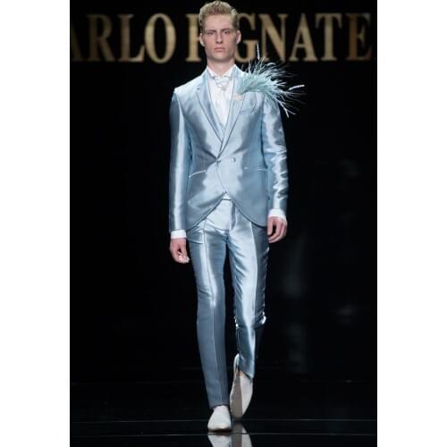 Latest Coat Pant Design Italian Light Blue Satin Men Suit Slim Fit 3 Piece Tuxedo Custom Groom Blazer Prom Suits Terno Masculino