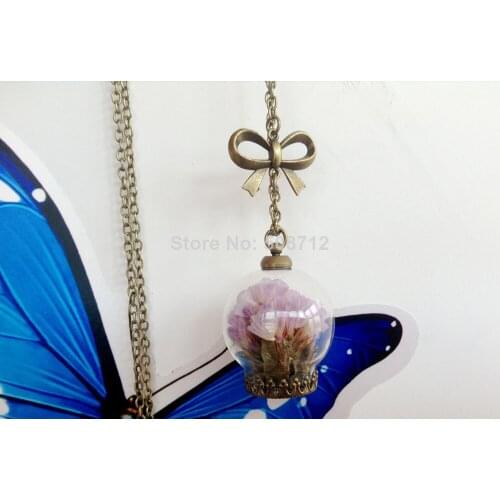 2014 New glass globe necklace,Wishing bottle,Pink real dried flowers ,Glass Bottle Pendant - Botanical Jewelry,daughter gift