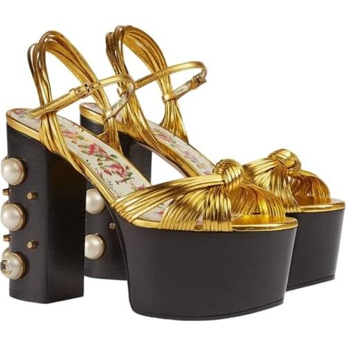 2021 New Brand Summer Shoes High Heels Sandals Woven Rivet Catwalk Pumps Square Heel Platform Sandalias Mujer Gold Wedding Shoe