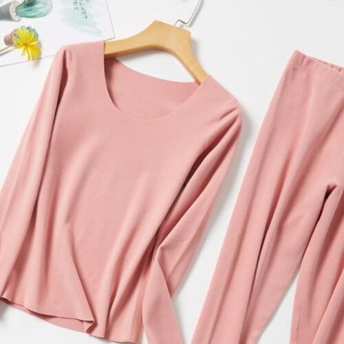 New Womens Denim Traceless Thermal Underwear Set Double-sided Frosted Heat Slim Low Crew Neck Bottoming Shirt