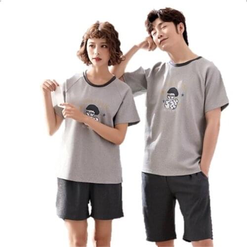Couple Pajama Sets Summer Cotton Pyjamas Short Sleeve Printed Cartoon Two Pieces Set Female Pajamas Plus Size M-3XL Sleepwear