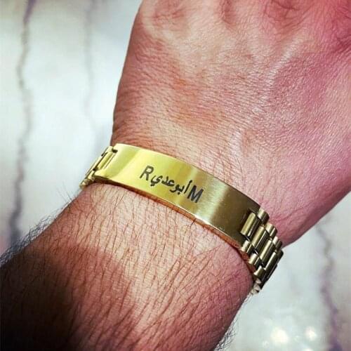 Personalized Male Name Bangles Stainless Steel Gold Color Titanium Plated Custom Arabic Words Picture Bracelet Men Jewelry