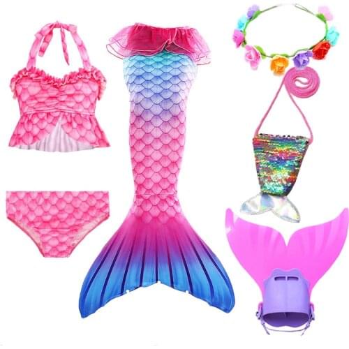 Girls Swimmable Mermaid Tail Princess Dress with Monofin Fin Kids Holiday Mermaid Costume Cosplay Swimsuit Birthday Pool Party