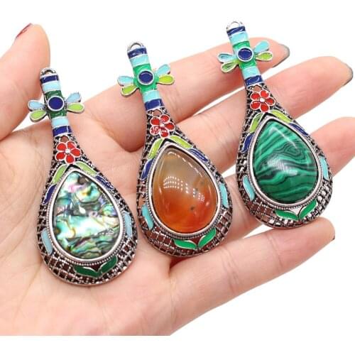 Natural Stone Brooch Pipa Shaped Alloy Pendant Retro Trend Crystal Agate Making Necklace Bracelet Jewelry Accessories Gift