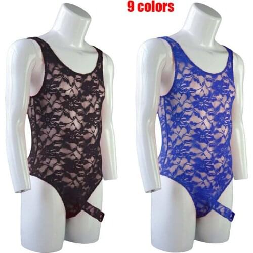 Mens sexy underwear one-piece penis bag briefs high-fork lace transparent breathable boxer one-piece alternative performance