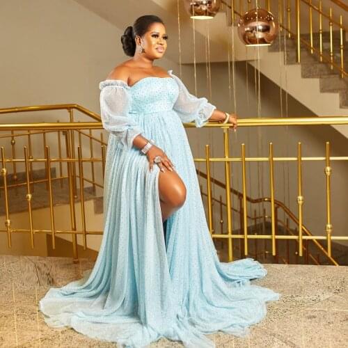 Sequined Tulle Dresses Off The Shoulder Maternity Robe Ruffled Tulle Dress Long Sleeve Side Split Women Party Vestido Plus Size