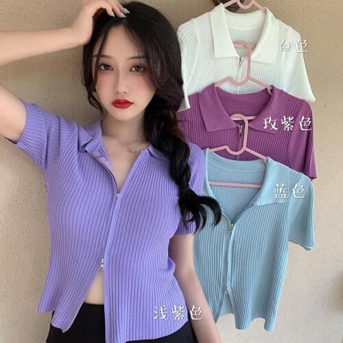 Korean Style Short Sleeve T Shirt Women Solid Color Zipper Casual Fashion Tshirts 2020 Summer Crop Tops Female G1474