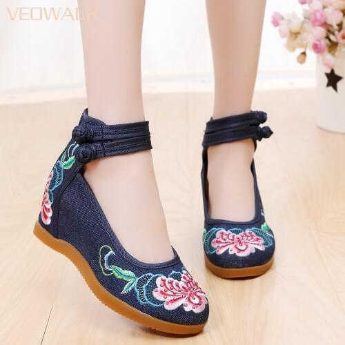 Veowalk Womens Wedged Canvas Shoes 7cm Hidden High Heel Platforms Flower Embroidered Ankle Strap Ladies Denim Cotton Pumps