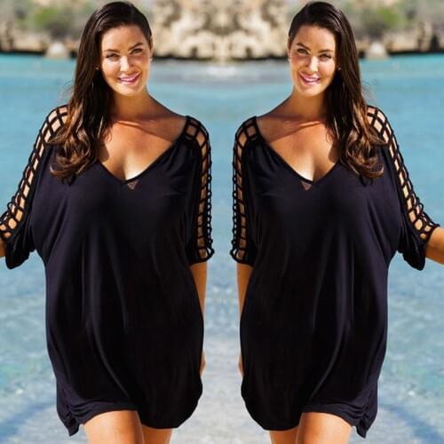 Women Short Sleeve Beach Dress Bikini Cover-Ups Party Loose Mini Dress Swimwear Summer Black Gray Plus Size
