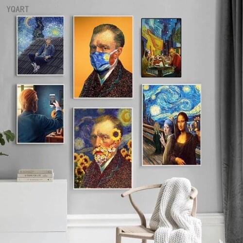 Abstract Funny Art Van Gogh Mona Lisa Poster and Print Canvas Art Paintings Wall Art Picture for Living Room Home Decoration