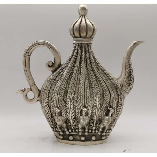 Antique QingDynasty Phoenix Kettle Jug Home Decoration Silver Flat Pot Tea Ceremony Decoration