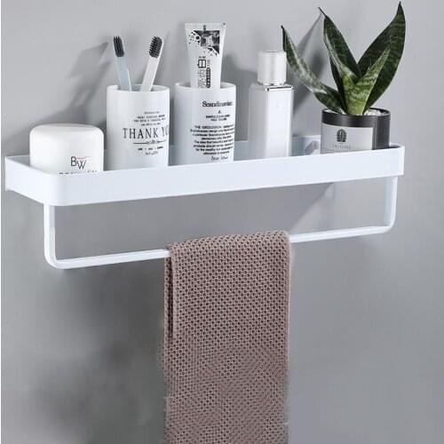 White Space Aluminum Bathroom Shelves Single Tier Rack Shampoo Shelf Kitchen Shelf Bathroom Rack Towel Rack With Hook and Towel