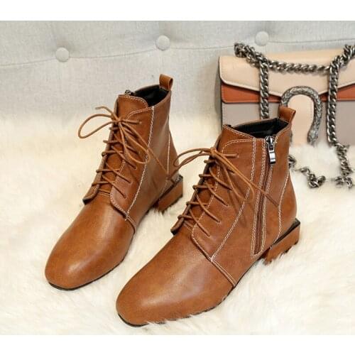 NEW women ankle boots winter warm plush winter zip round toe fashion shoes Casual Handmade riding female black brown Khaki boots