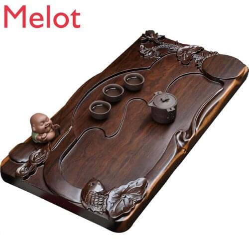 Ebony Tea Tray Solid Wood Tea Table Simple Carved Household Tea Pitcher Large Thick Drainage Kung Fu Tea Set