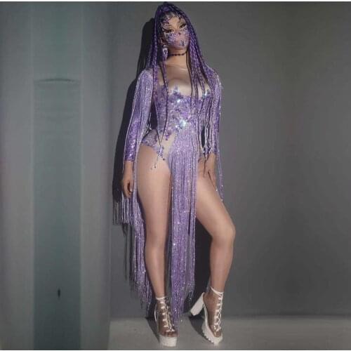 Purple fringed sequins spandex jumpsuit stage performance costume bar Latin dance concert DJ singer/dancer costume