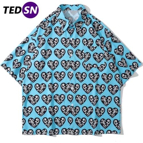 2021 Hawaiian Hip Hop Casual Bandana Heart Print Shirt Summer Beach Shirts Men Short Sleeve Shirts Vacation Fashion Streetwear