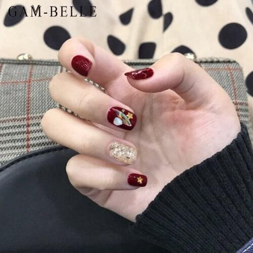 GAM-BELLE Glitter Stars Fake Nails with Rhinestones Wine Red Luxury Full Cover Artificial Short False Nails Tips Decoration