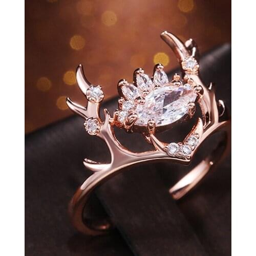 Trendy Cute Elk Antler Womens Ring Fashion White Zircon Crystal Ring Birthday Anniversary Jewelry Valentines Day Xmas Gifts