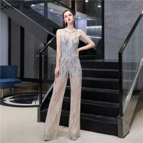 Champagne Grey O-Neck Jumpsuit Luxury Evening Dresses 2020 Sleeveless Sequined Sexy Formal Dress Serene Hill DLA70239