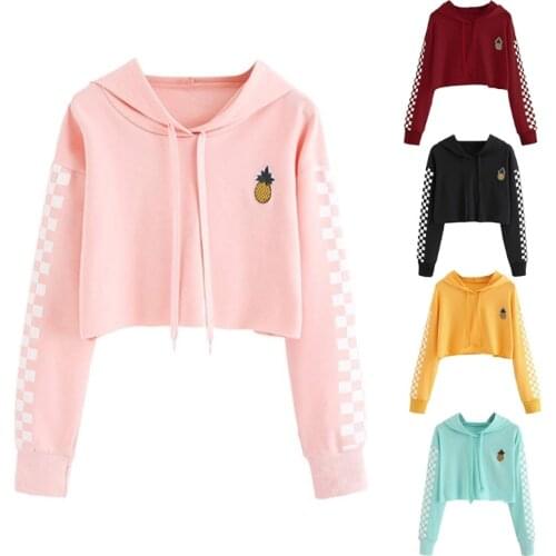 Fashion New Womens Crop Tops Sweatshirt Girls Female Casual Pineapple Embroidery Gingham Plaid Hoodies Pullover 5 Colors