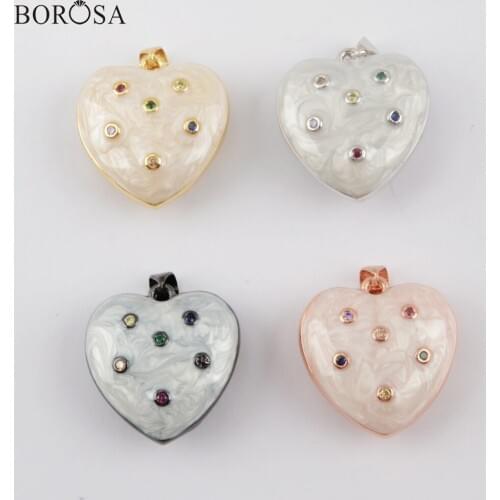 BOROSA Metal Heart Shape Pendant Charms Fashion Enamel Pendant Jewelry Zircon Paved Heart Pendant for Women WX1309