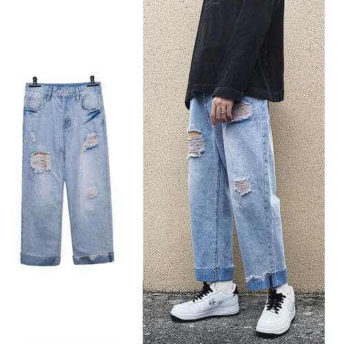 Fashion Mens Loose Fit Hip Hop Big Hole Vintage Ins Denim Pants Joggers Streetwear Ankle Cuffed Jeans Trousers For Male